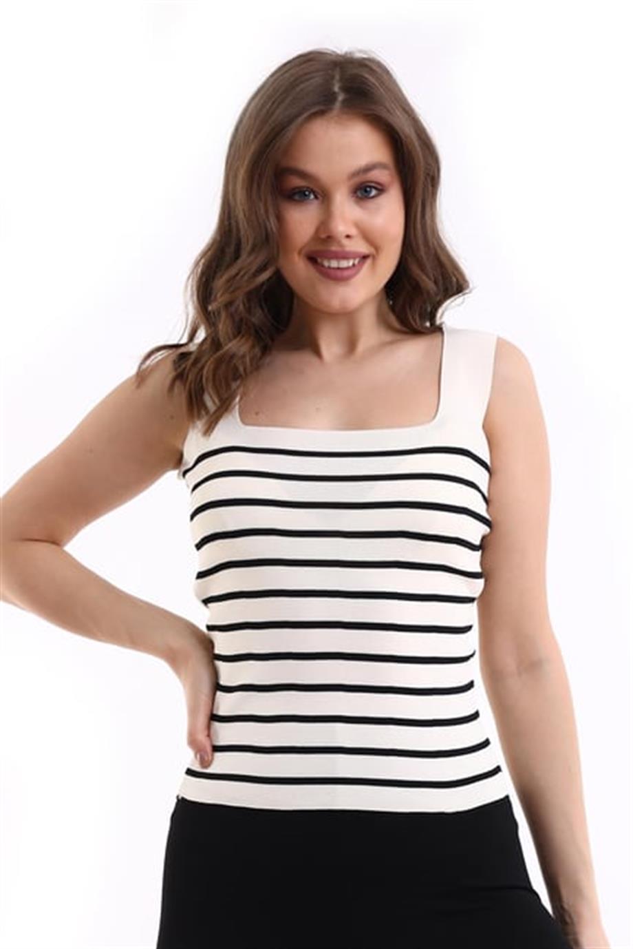 Kare Yaka Çizgili Triko Atlet Triko Bluz 1133