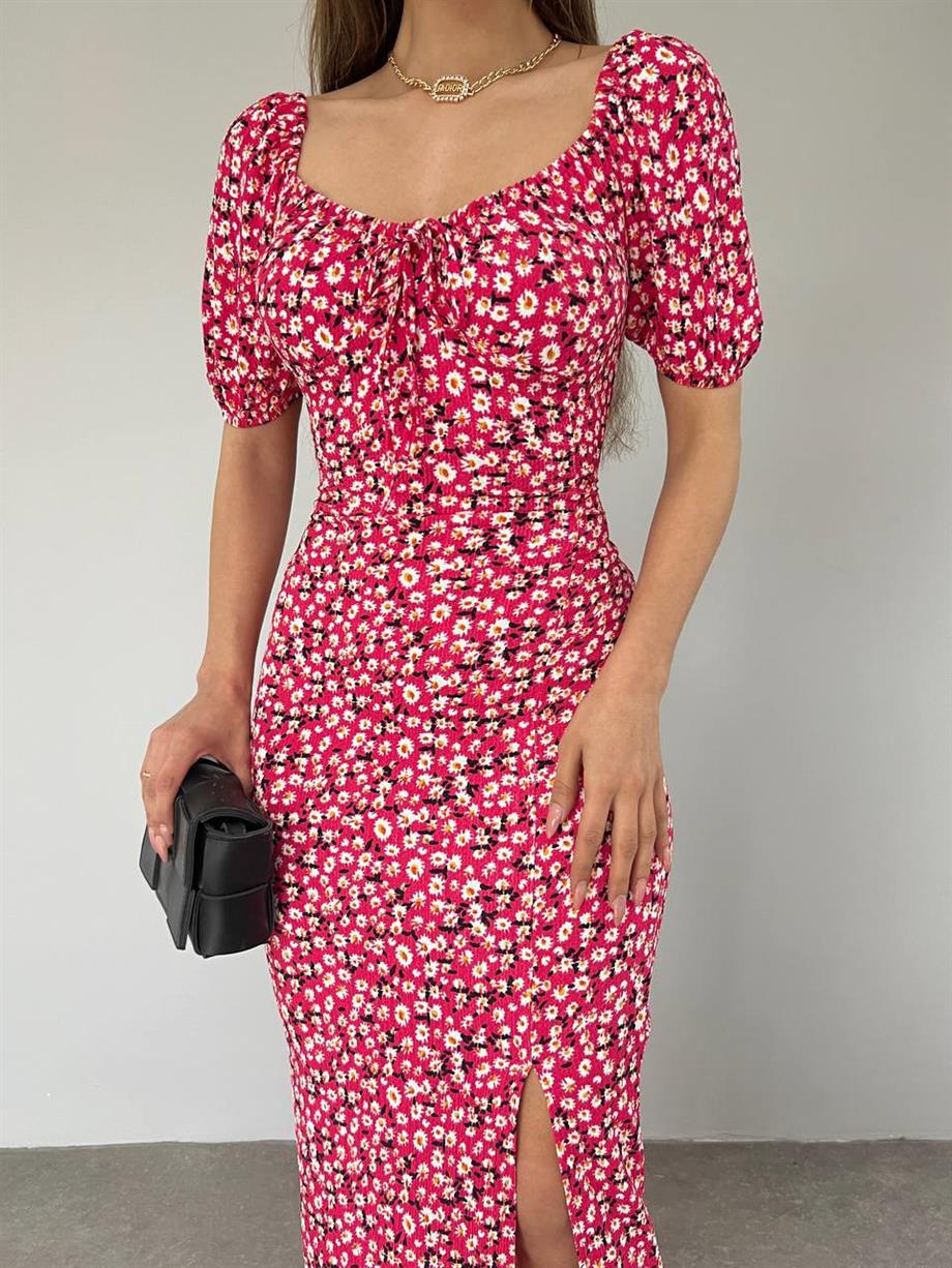 Karpuz Kol Çıtır Yırtmaçlı Elbise 10469