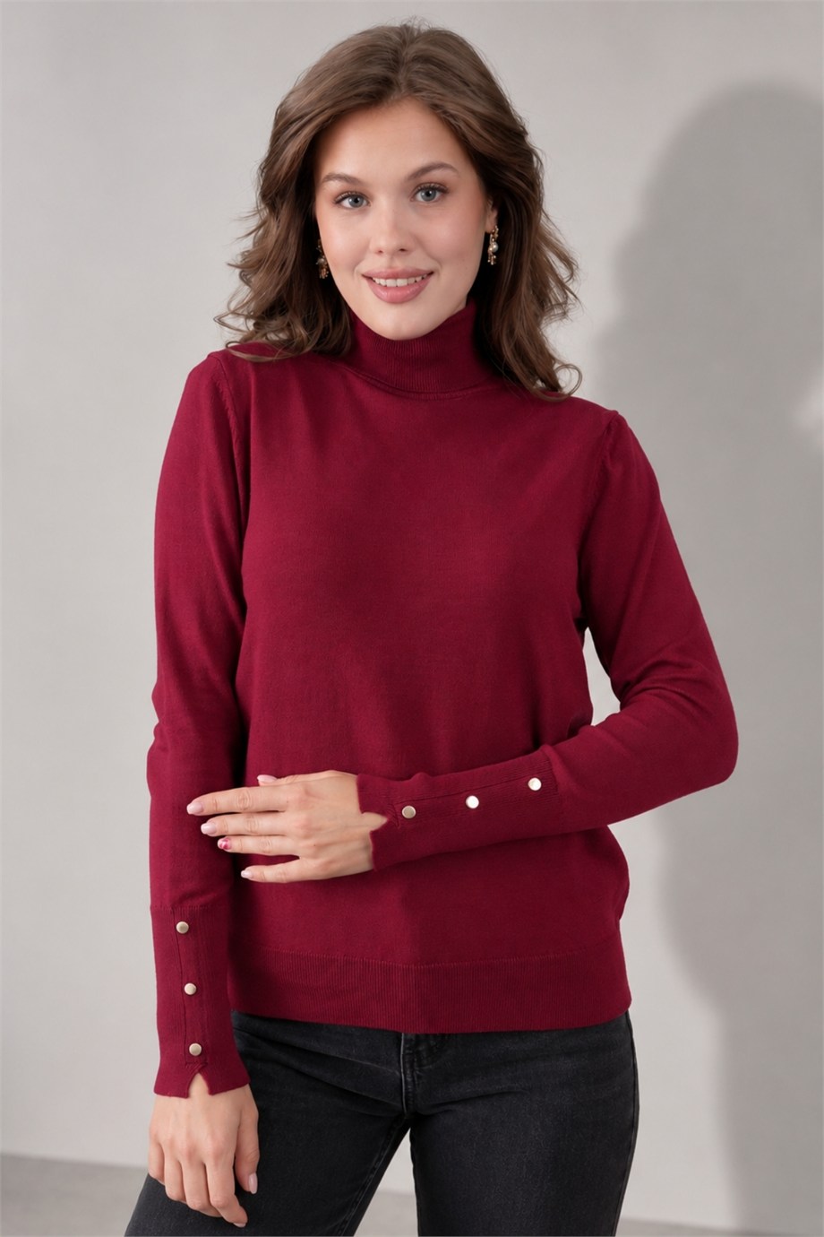 Kolu Çıtçıtlı Balıkçı Yaka Kazak 1050 Bordo