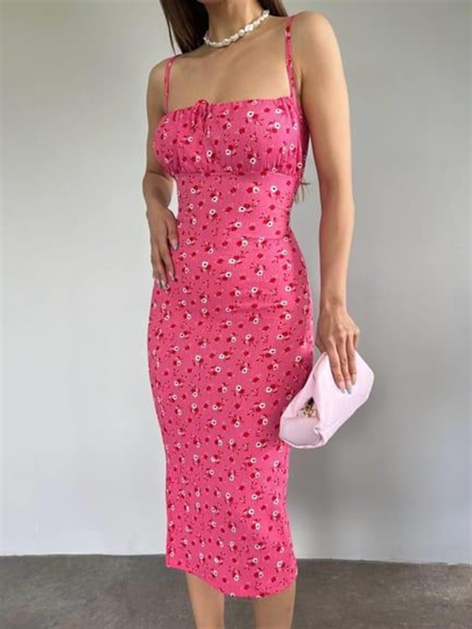 Papatya Desenli  Askılı Elbise 10546