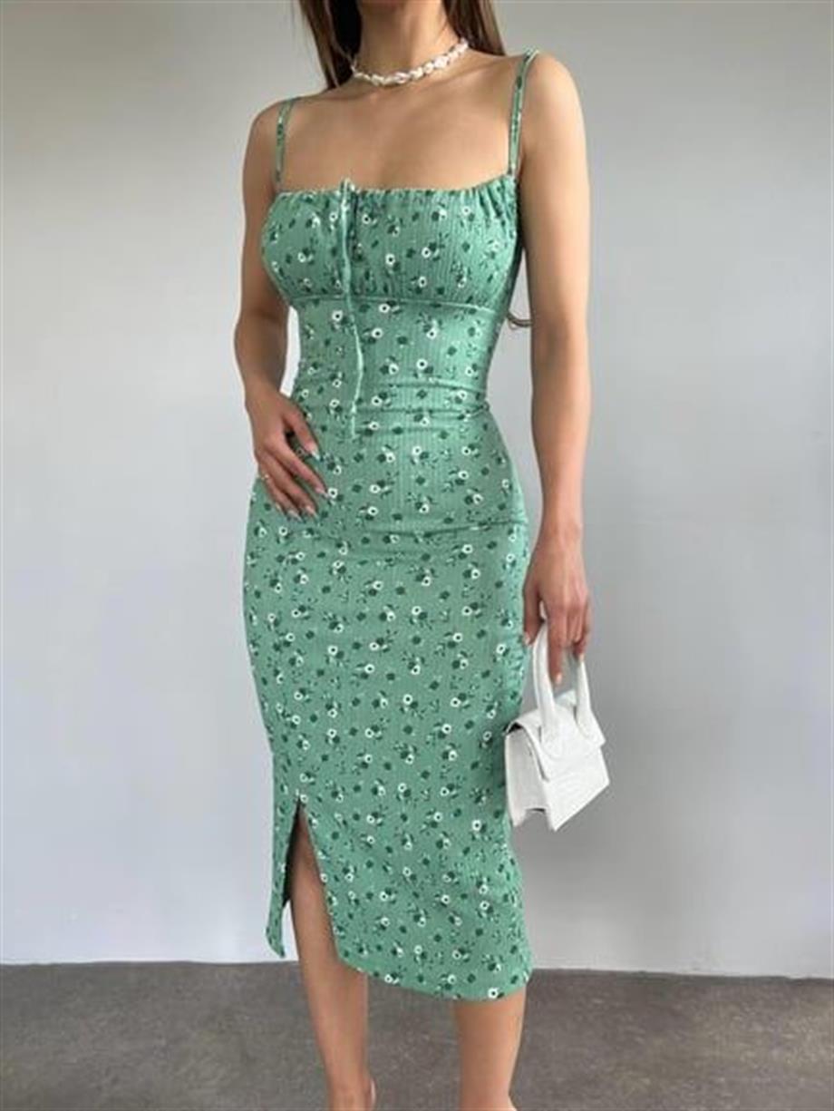 Papatya Desenli  Askılı Elbise 10546