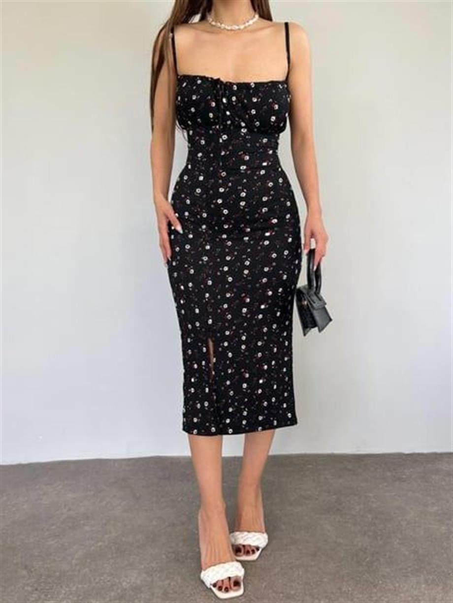 Papatya Desenli  Askılı Elbise 10546