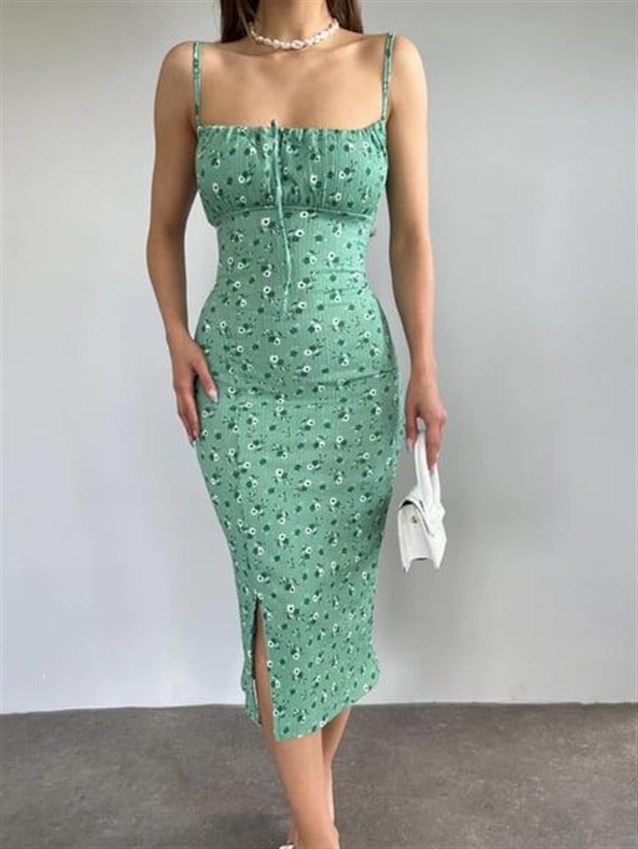 Papatya Desenli  Askılı Elbise 10546