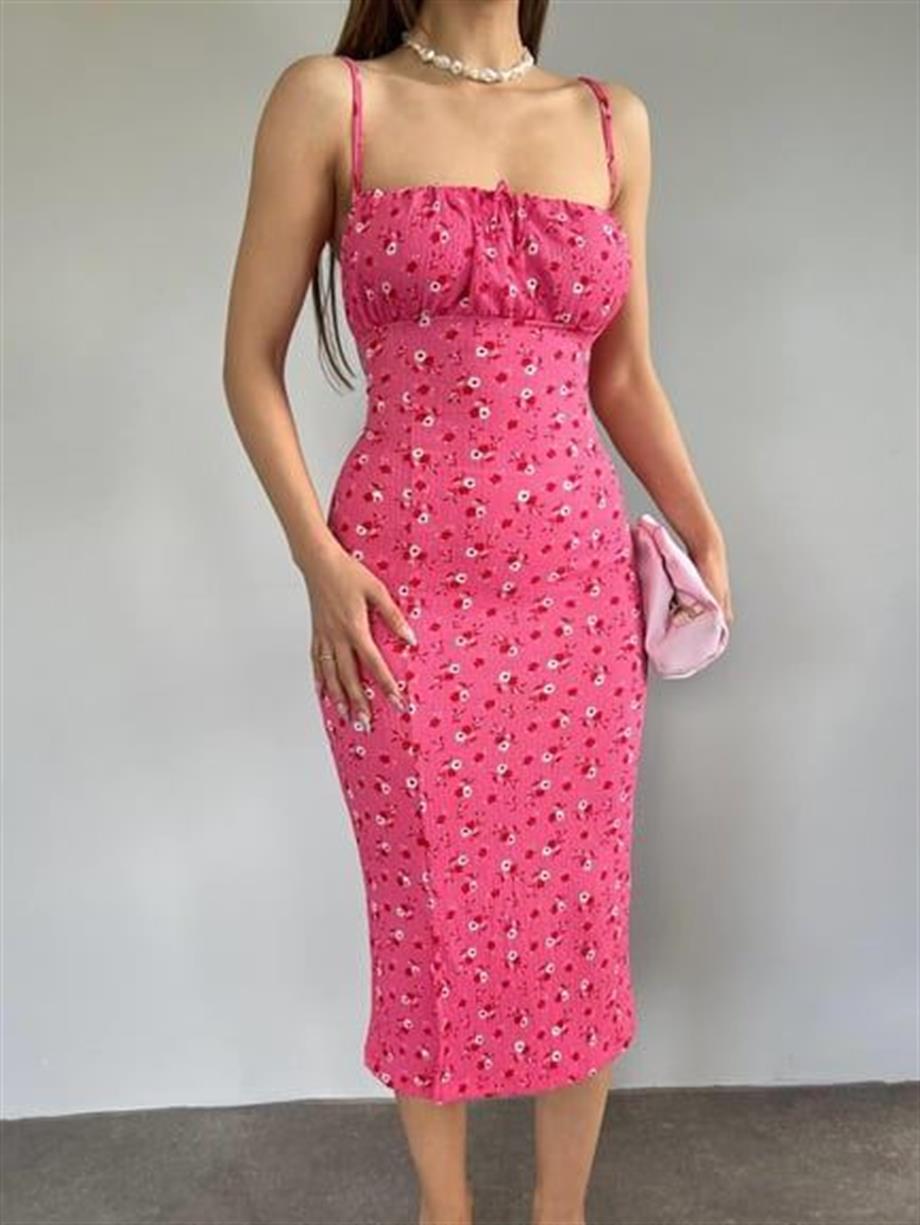 Papatya Desenli  Askılı Elbise 10546