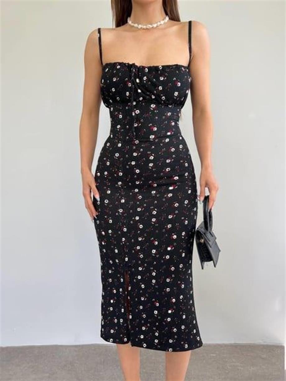 Papatya Desenli  Askılı Elbise 10546