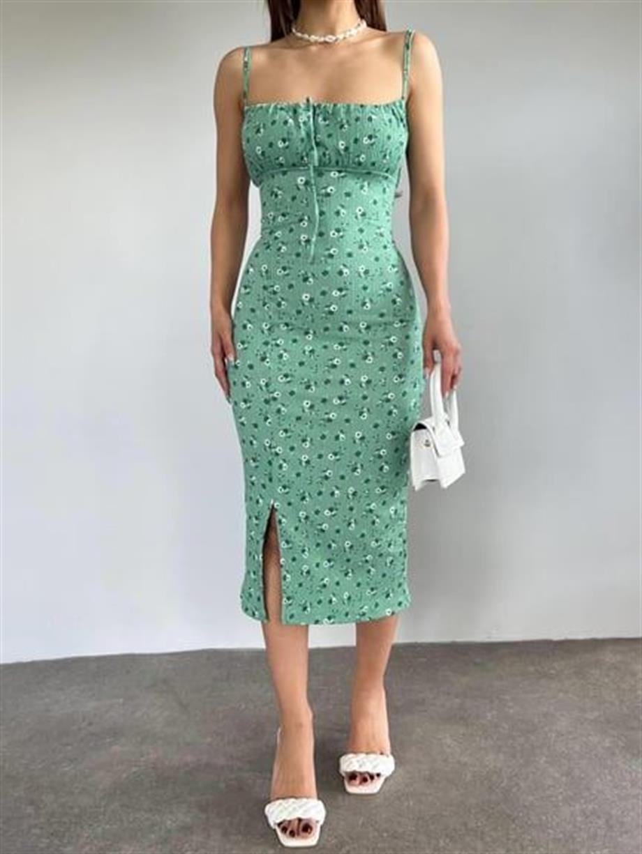 Papatya Desenli  Askılı Elbise 10546