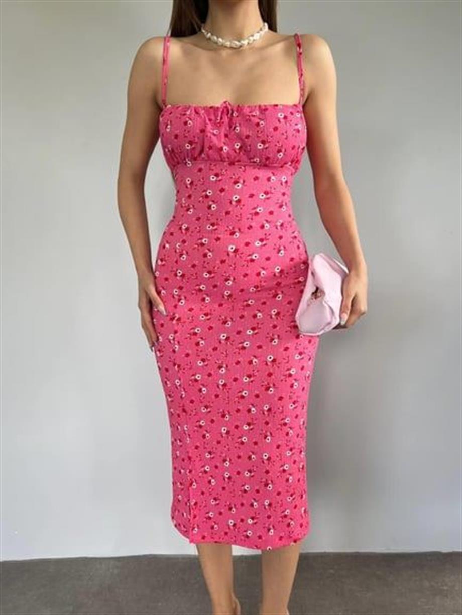 Papatya Desenli  Askılı Elbise 10546