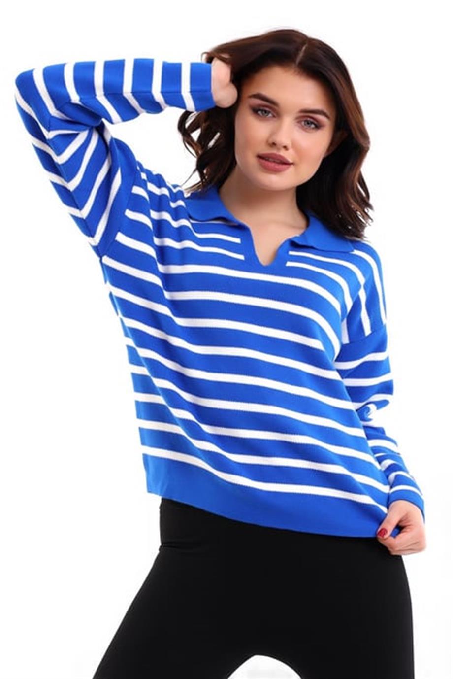 Polo Yaka Çizgili Trend Kazak 1226