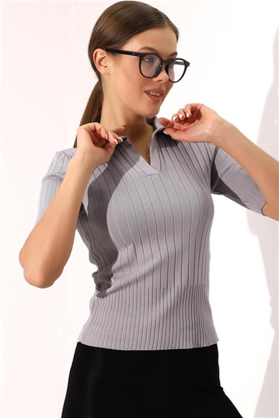 Polo Yaka Triko Bluz  6335