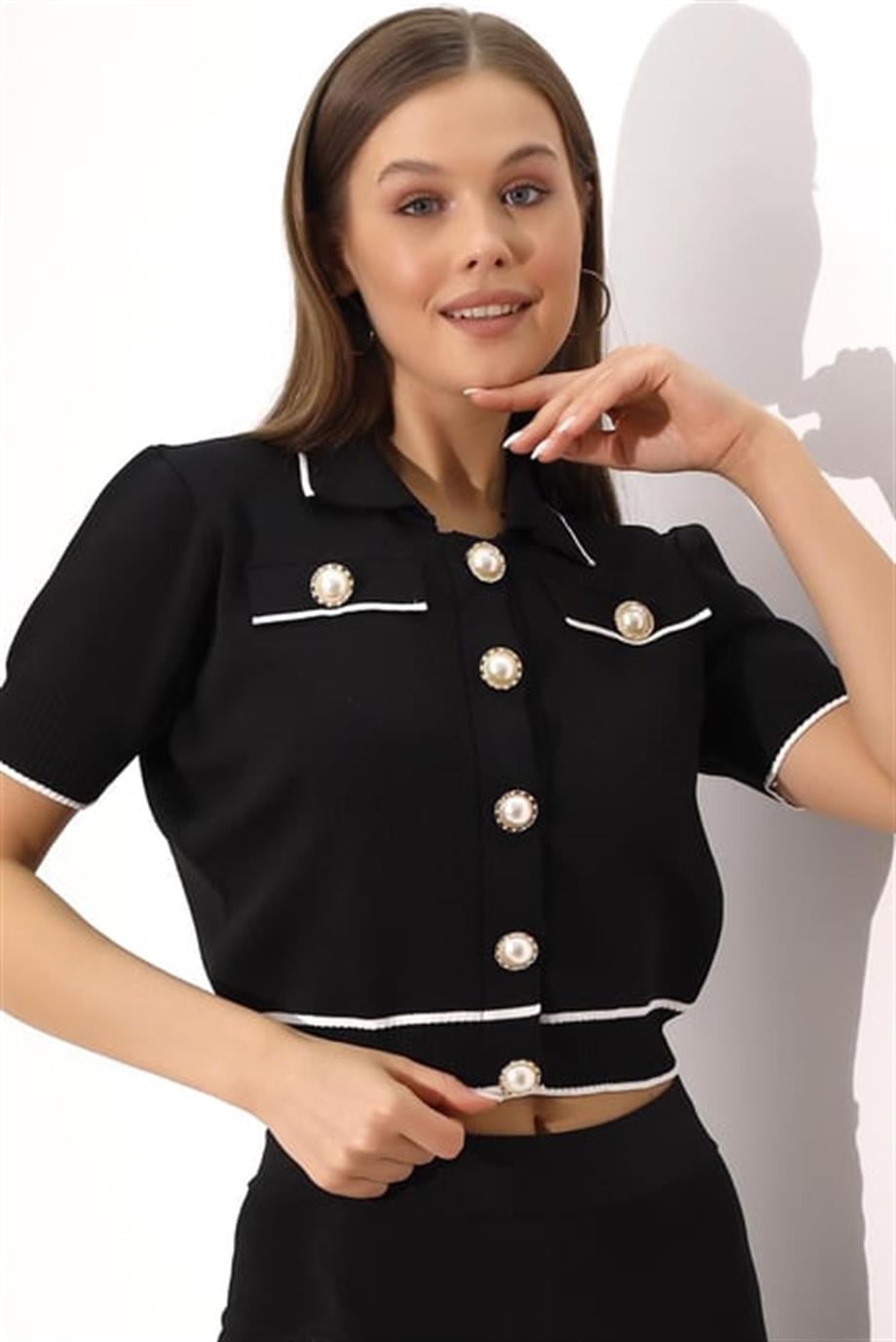 Polo Yaka Triko Crop İnci Düğmeli Hırka 2203