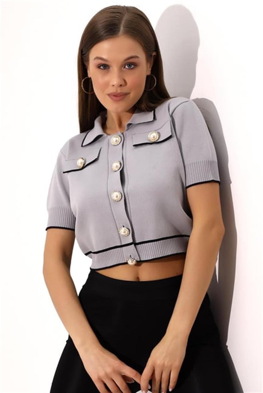 Polo Yaka Triko Crop İnci Düğmeli Hırka 2203