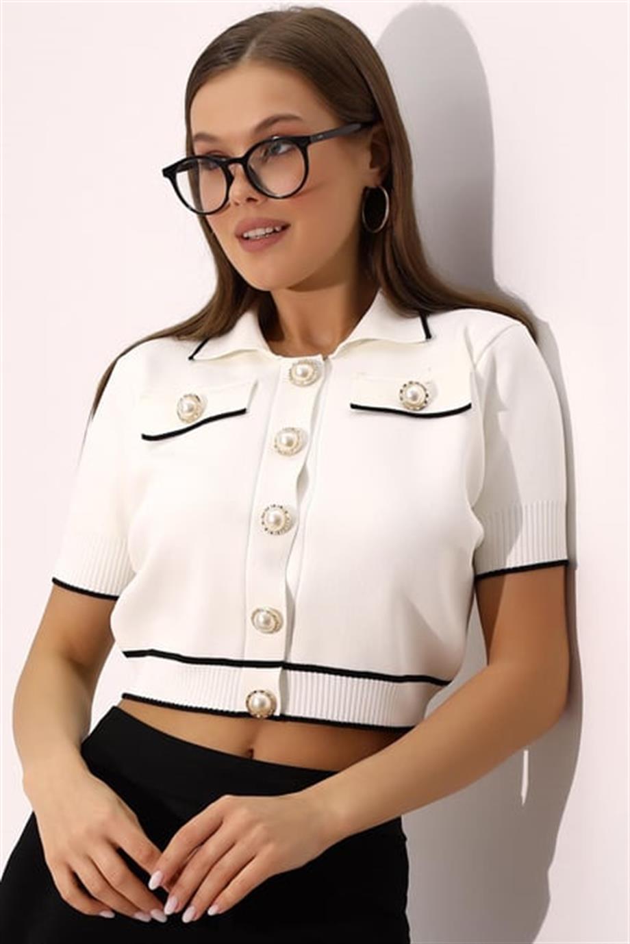 Polo Yaka Triko Crop İnci Düğmeli Hırka 2203