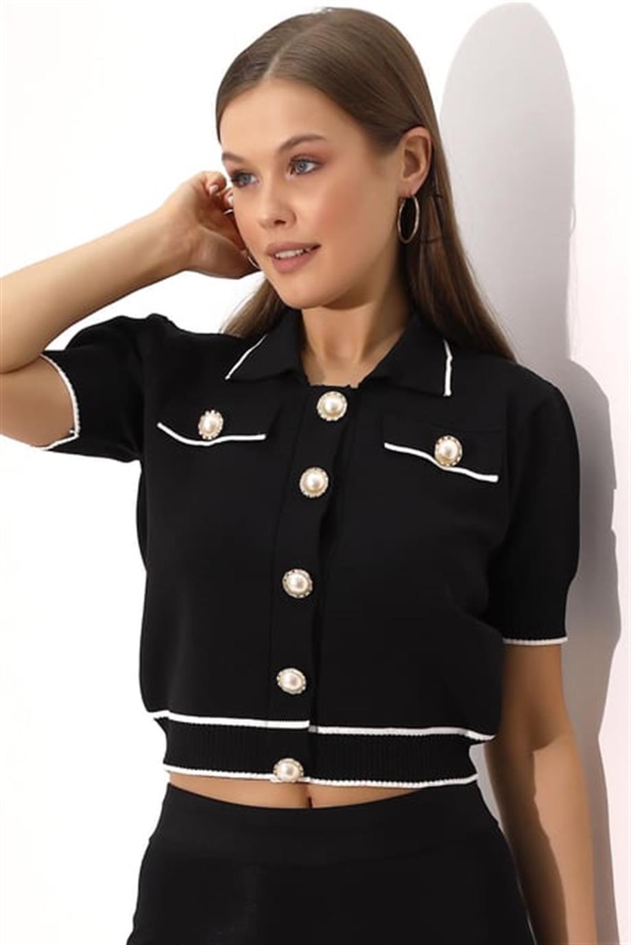Polo Yaka Triko Crop İnci Düğmeli Hırka 2203