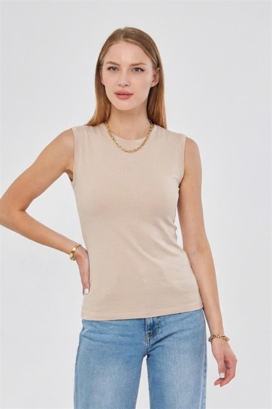 Sıfır Kol Bisiklet Yaka Badi Viskon Likralı Body 109 Bej