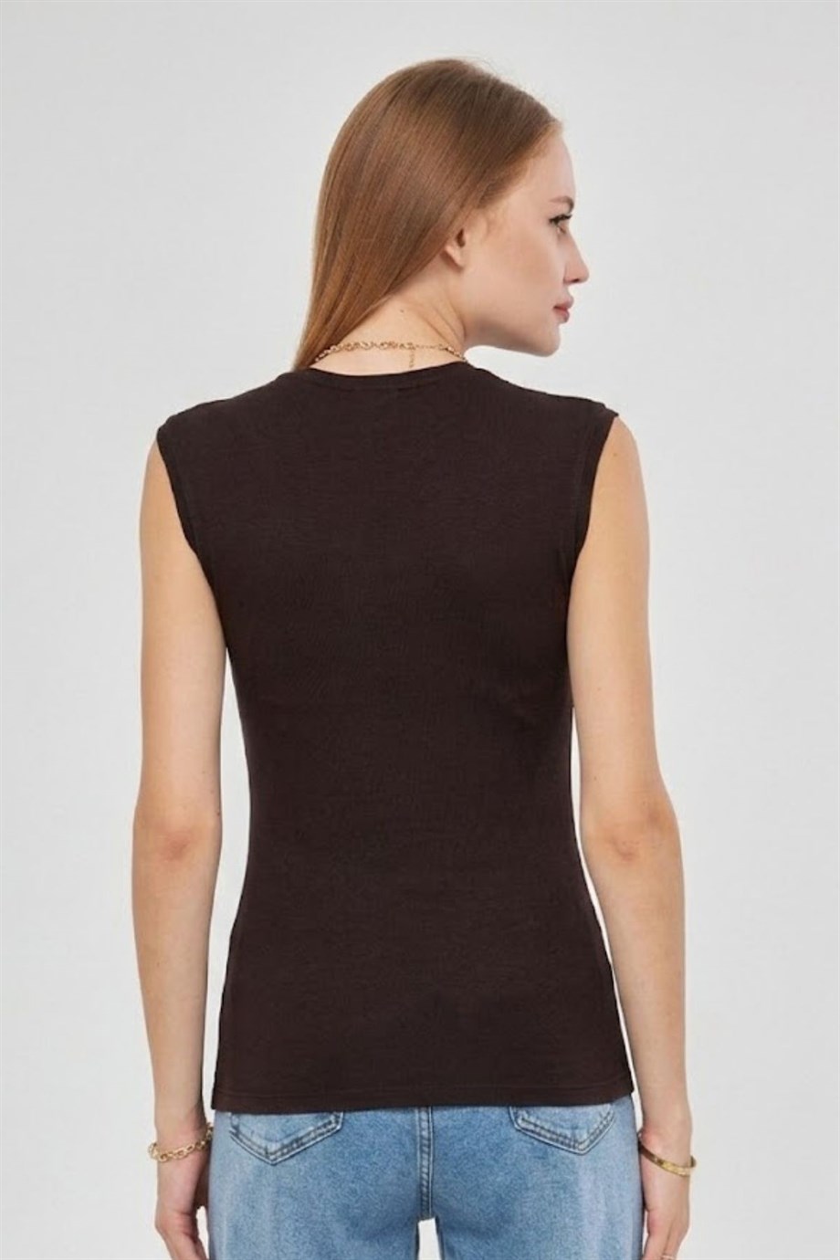 Sıfır Kol Bisiklet Yaka Badi Viskon Likralı Body 109 Kahverengi