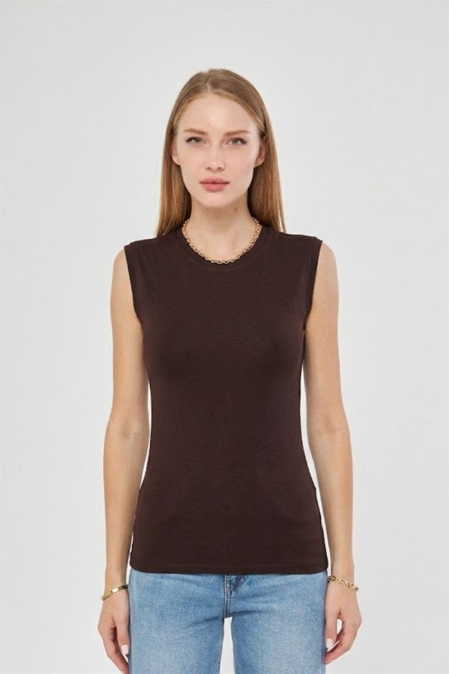 Sıfır Kol Bisiklet Yaka Badi Viskon Likralı Body 109 Kahverengi