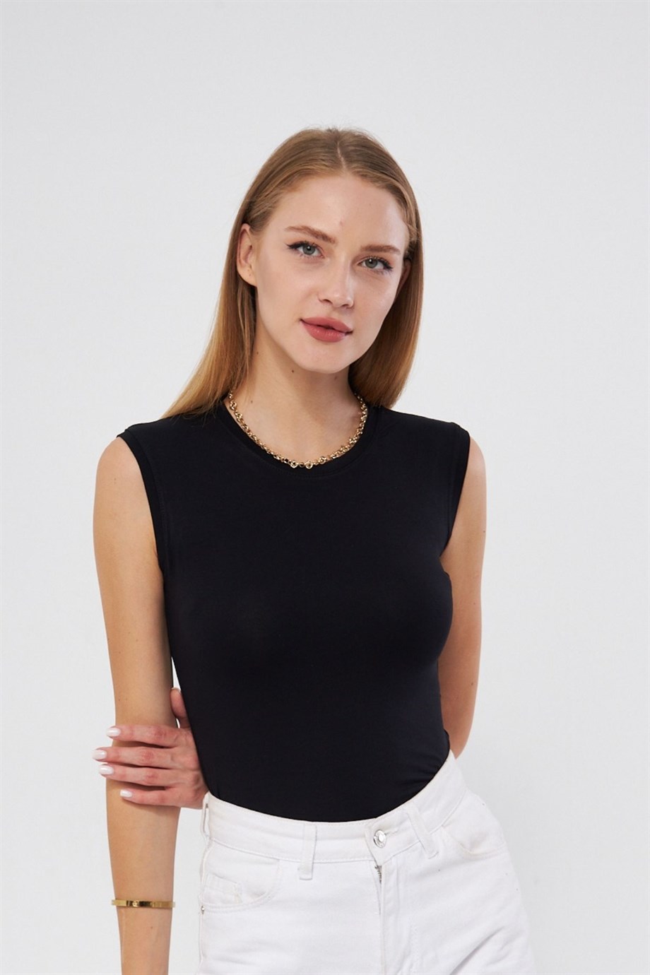 Sıfır Kol Bisiklet Yaka Badi Viskon Likralı Body 109 Siyah