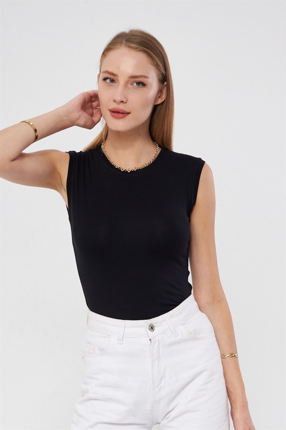 Sıfır Kol Bisiklet Yaka Badi Viskon Likralı Body 109 Siyah