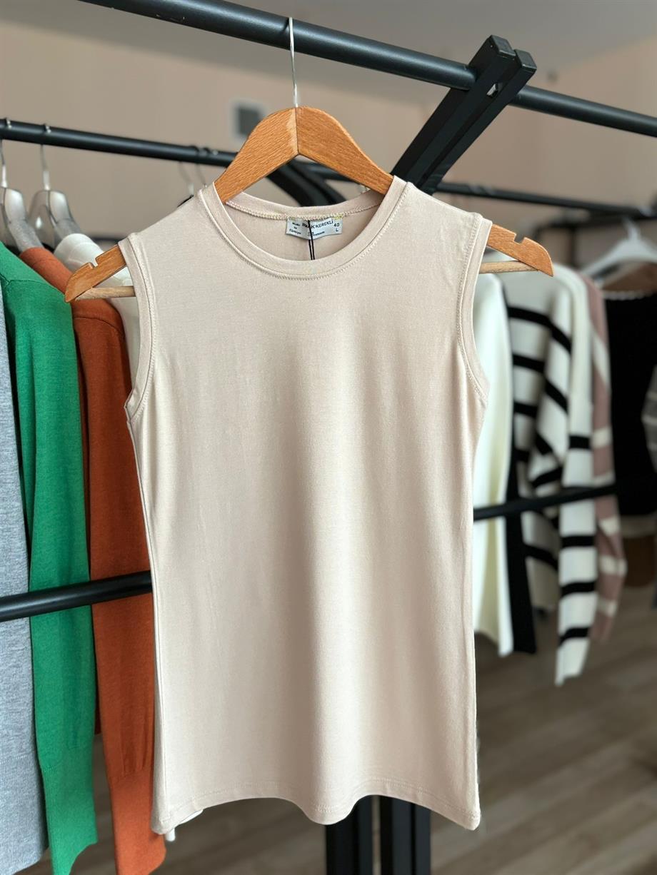 Sıfır Kol Bisiklet Yaka Badi Viskon Likralı Body 109 Bej