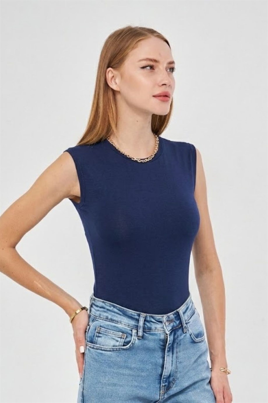 Sıfır Kol Bisiklet Yaka Badi Viskon Likralı Body 109 Lacivert