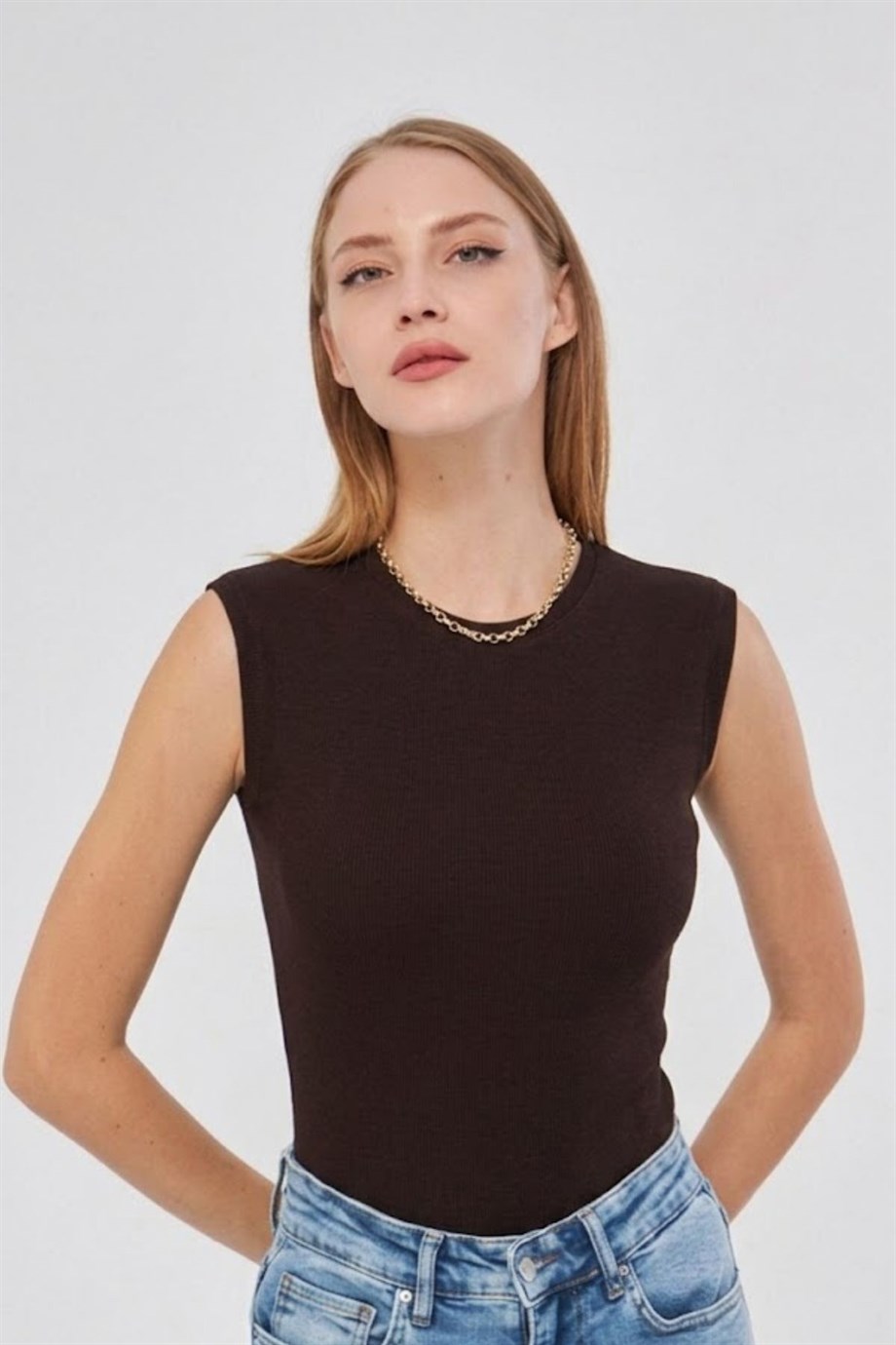 Sıfır Kol Bisiklet Yaka Badi Viskon Likralı Body 109 Kahverengi