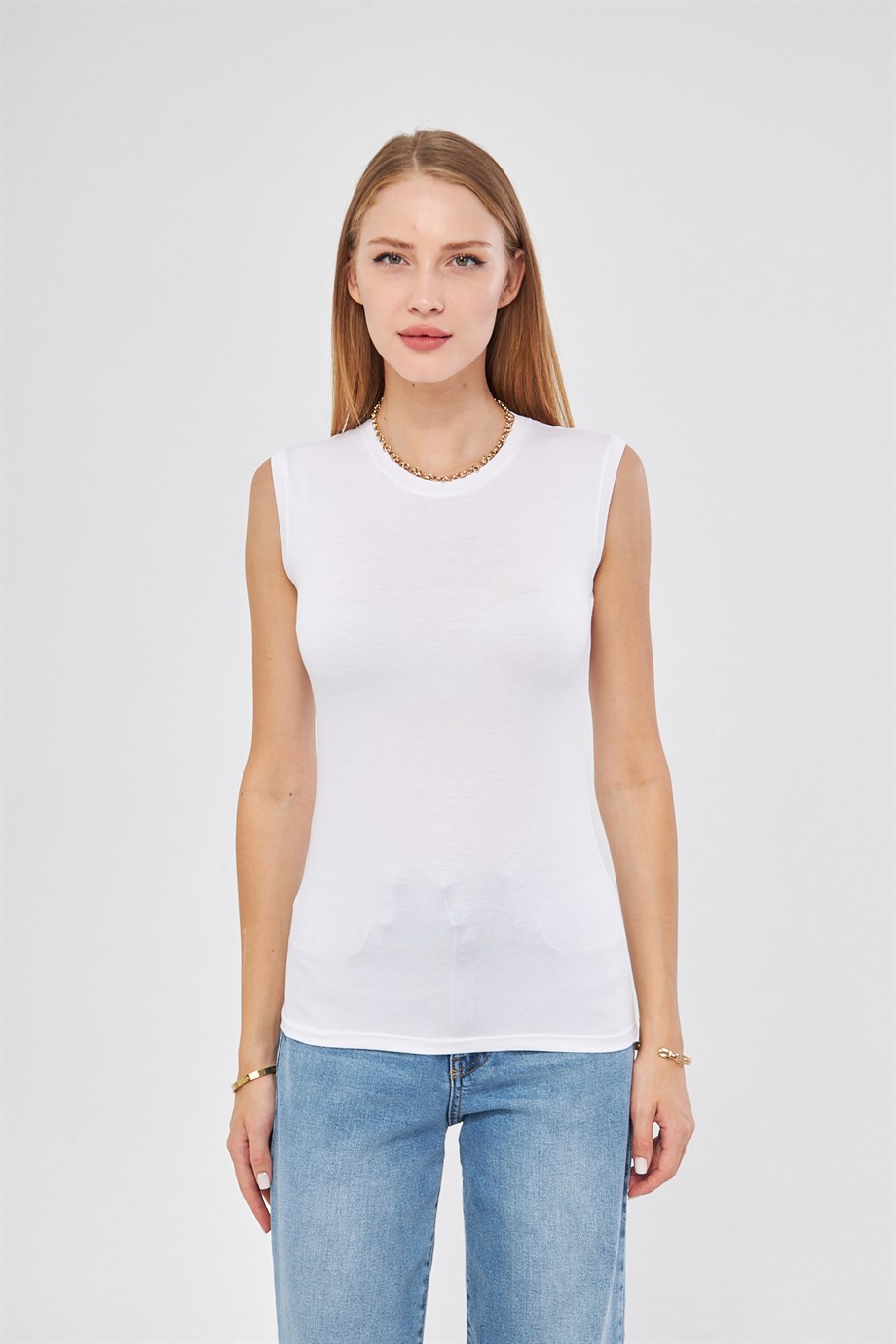 Sıfır Kol Bisiklet Yaka Badi Viskon Likralı Body 109 Beyaz