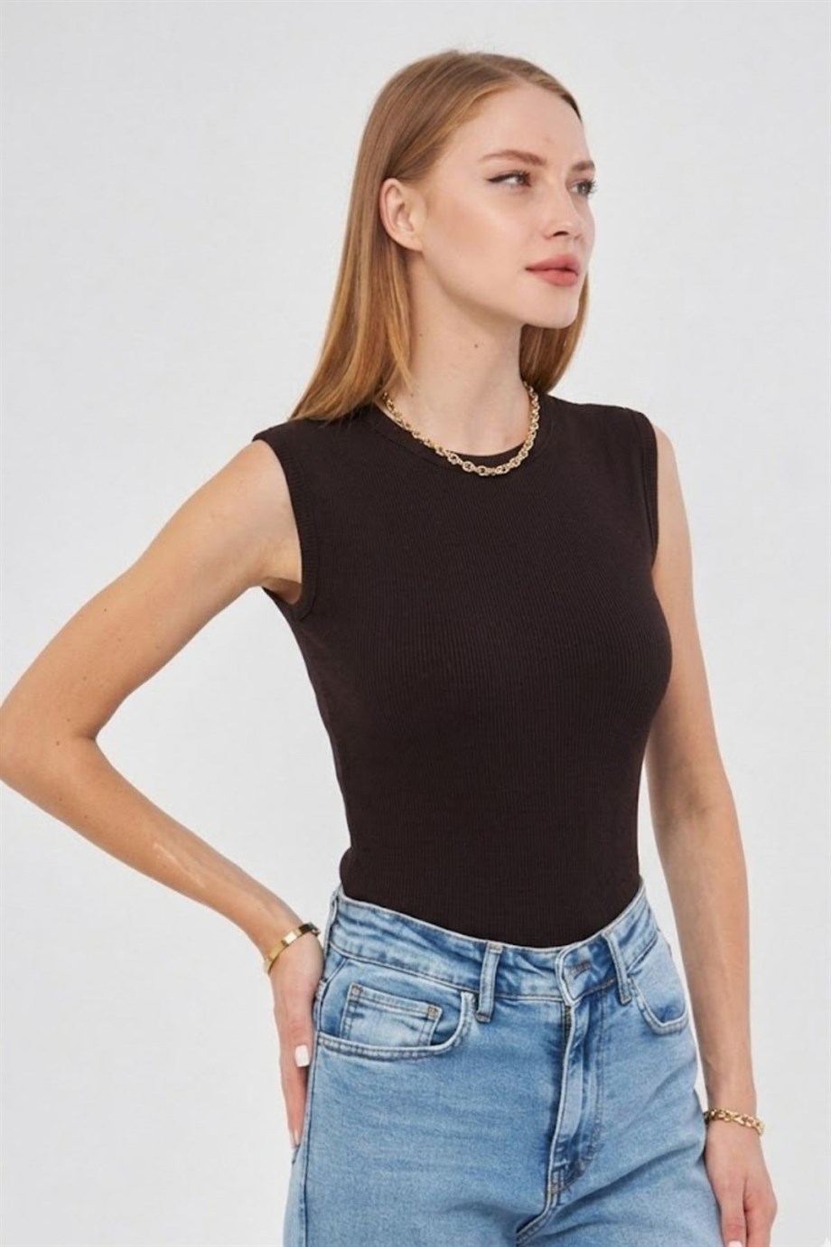 Sıfır Kol Bisiklet Yaka Badi Viskon Likralı Body 109 Kahverengi