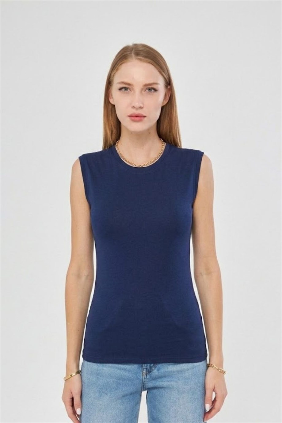 Sıfır Kol Bisiklet Yaka Badi Viskon Likralı Body 109 Lacivert