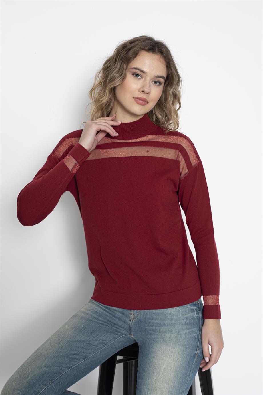 Transparan Çizgili Triko Kazak Triko Bluz 1107