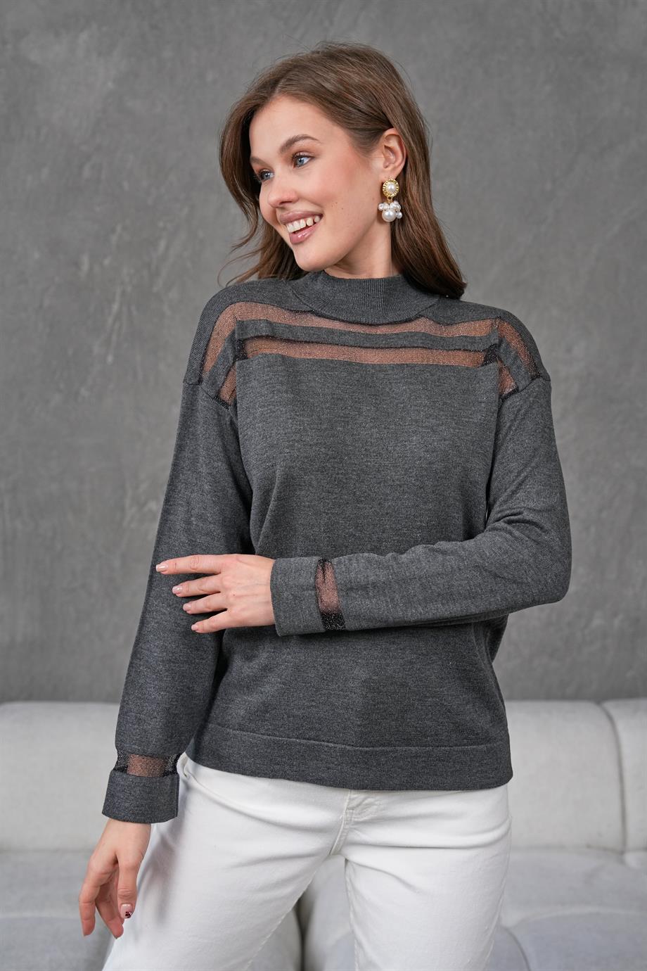 Transparan Çizgili Triko Kazak Triko Bluz 1107