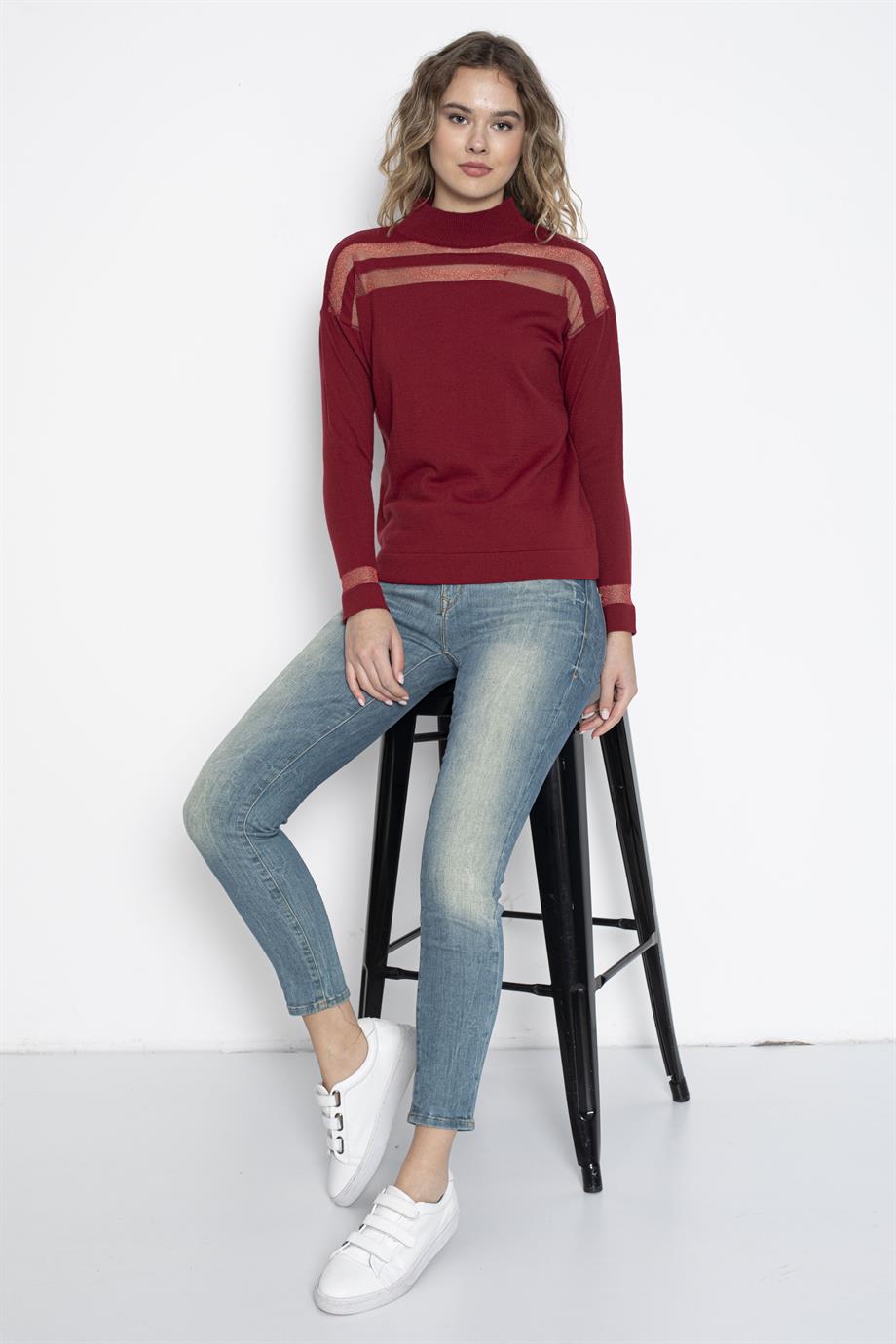 Transparan Çizgili Triko Kazak Triko Bluz 1107