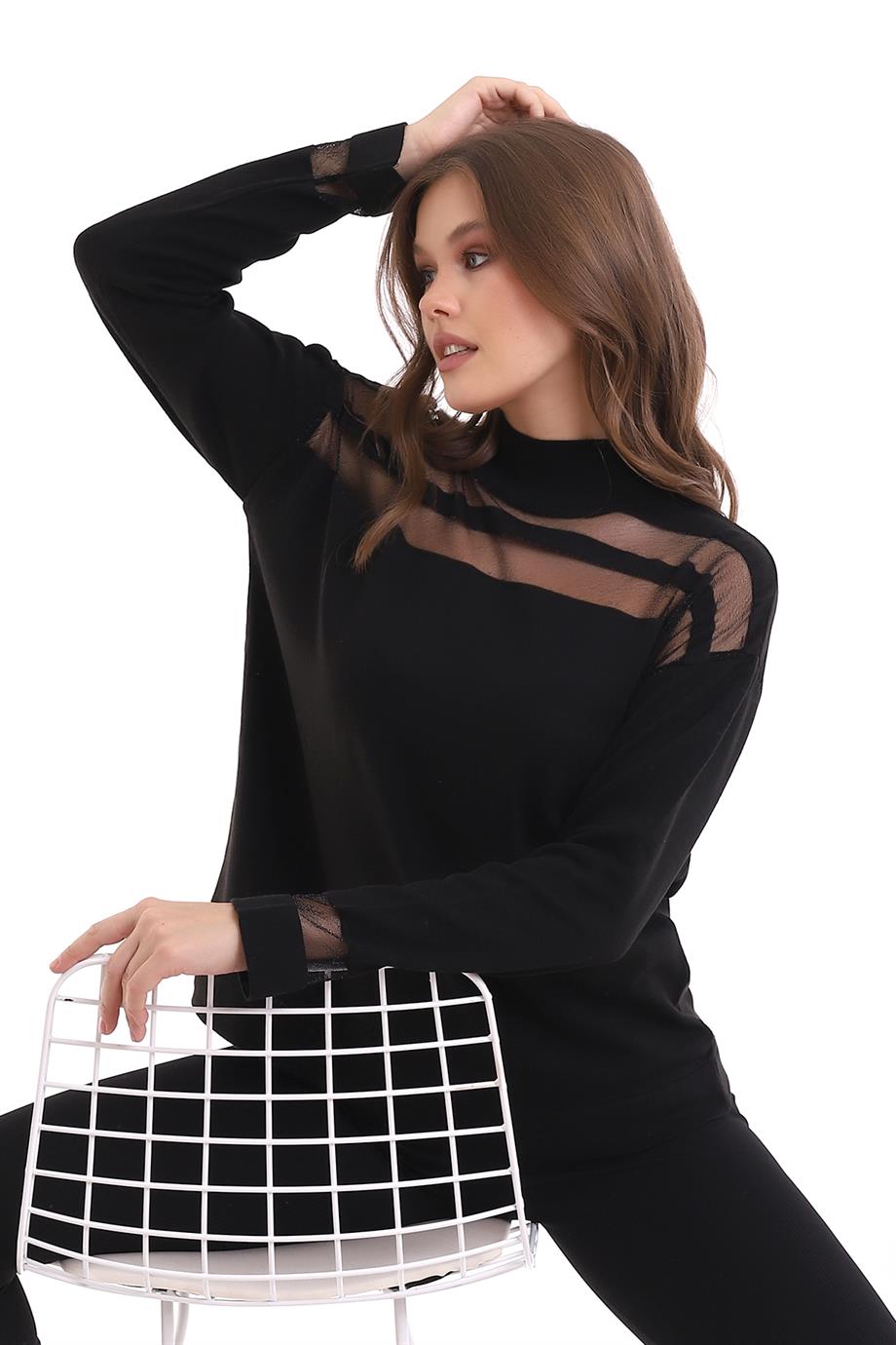 Transparan Çizgili Triko Kazak Triko Bluz 1107