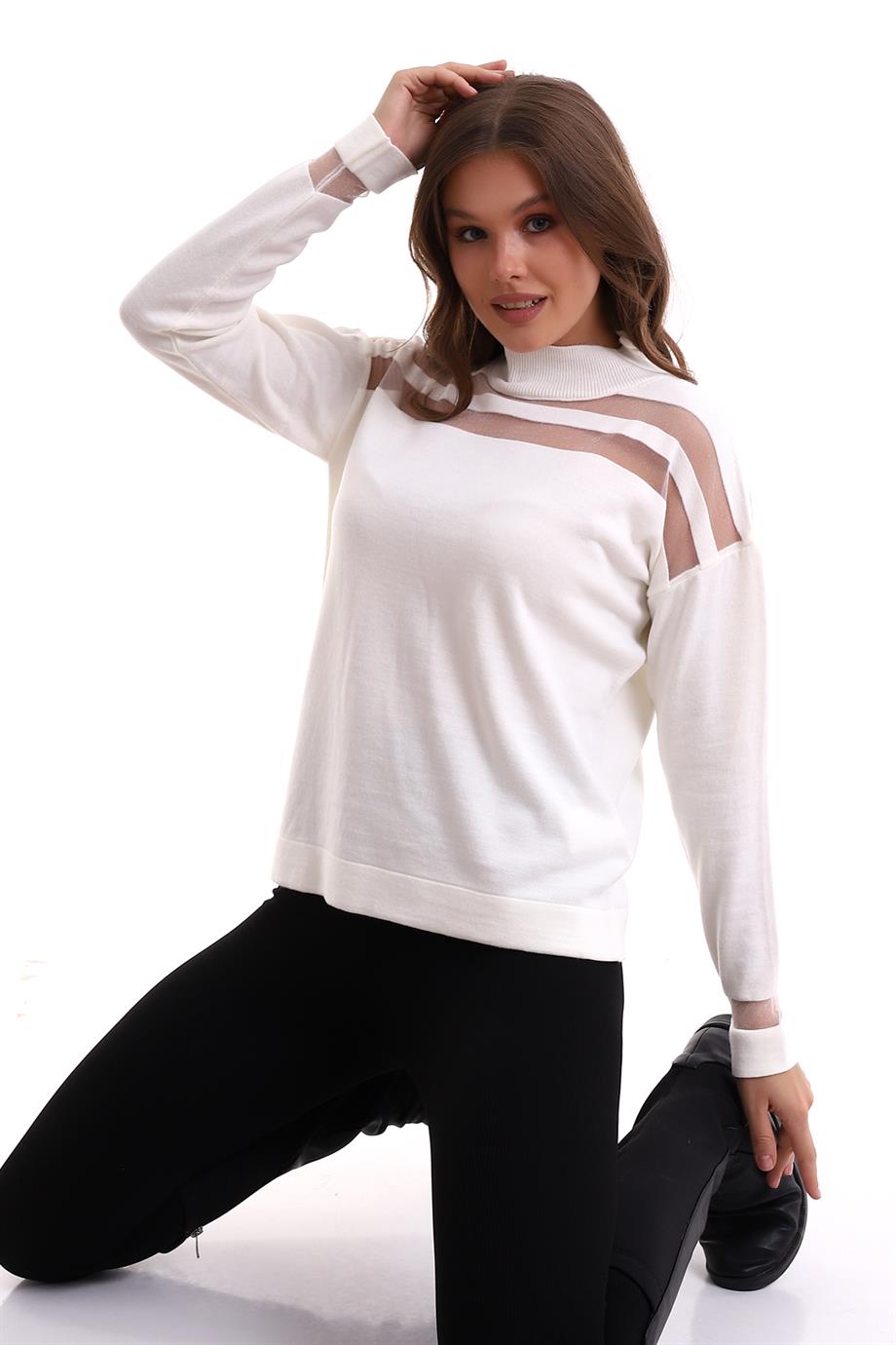 Transparan Çizgili Triko Kazak Triko Bluz 1107