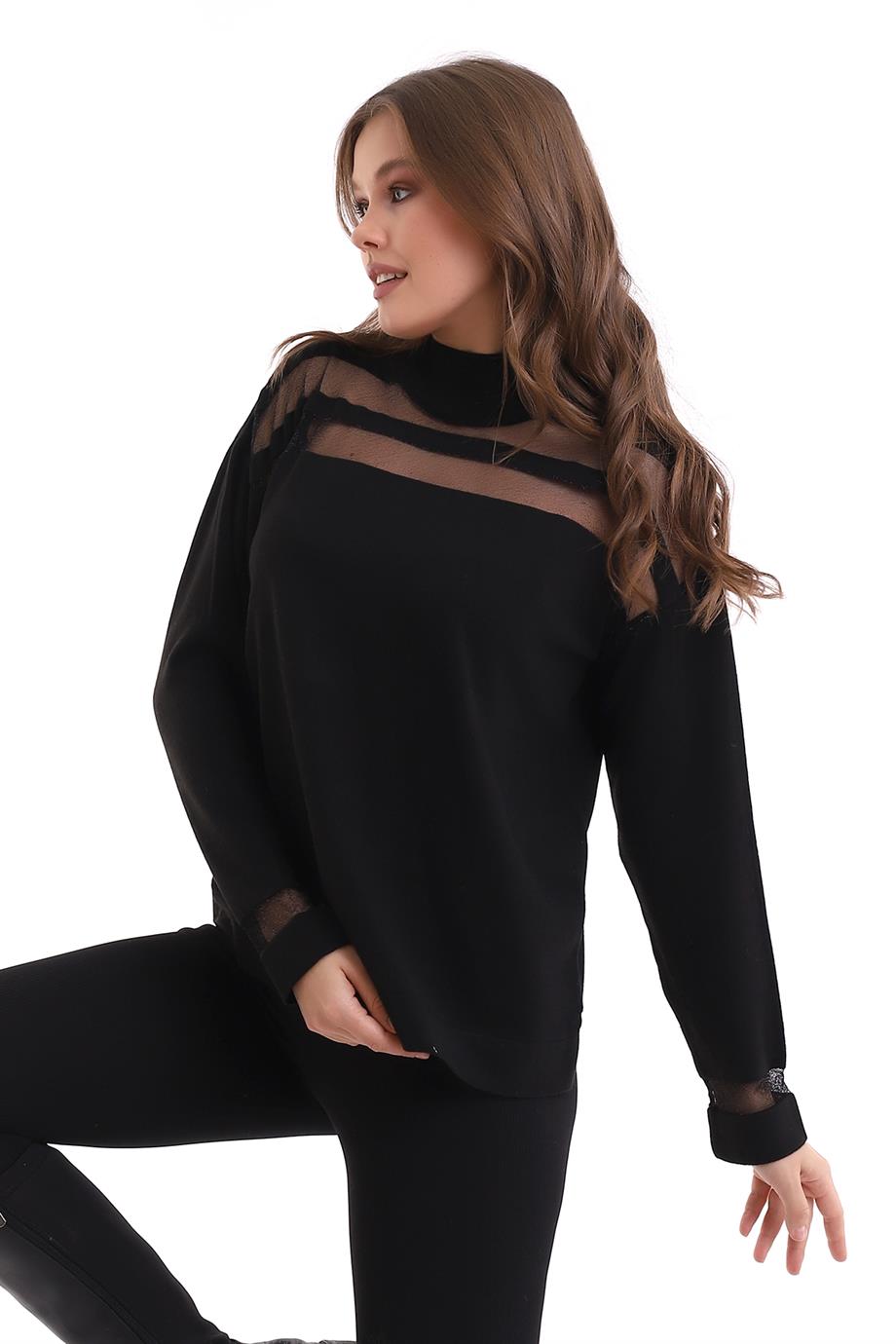 Transparan Çizgili Triko Kazak Triko Bluz 1107