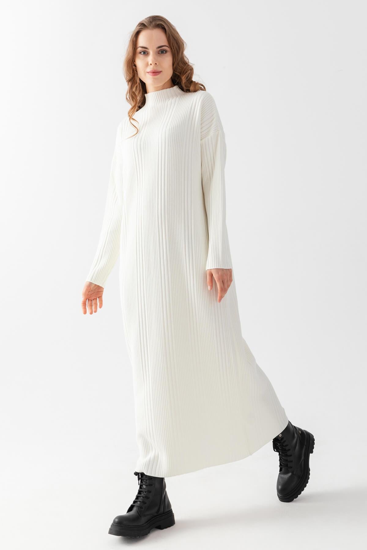 Irmak Kerekli Kadın Fitilli Oversize Elbise, Kadın Elbise,Triko Elbise, Oversize Elbise, Uzun Elbise, Ekru