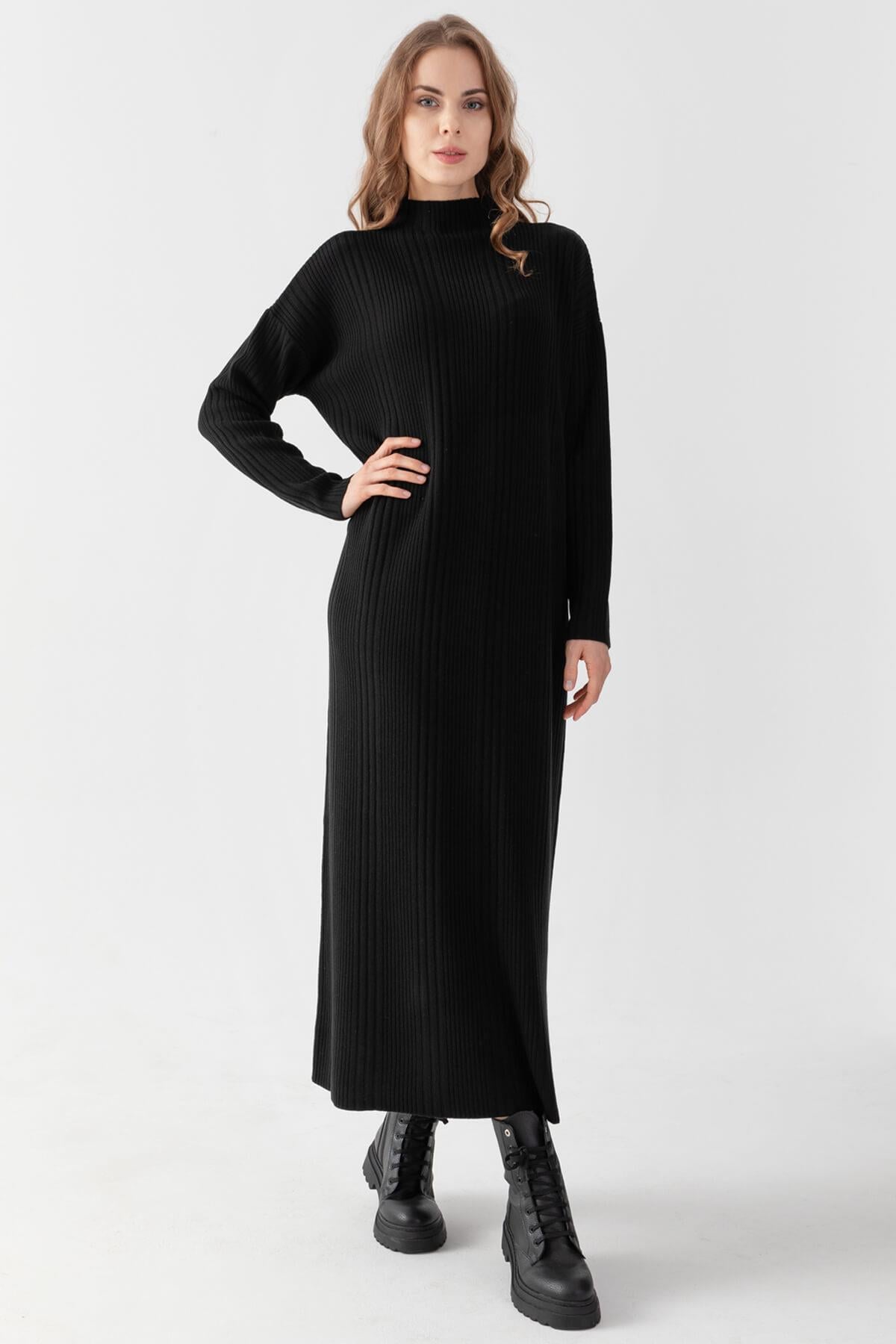 Irmak Kerekli Kadın Fitilli Oversize Elbise, Kadın Elbise,Triko Elbise, Oversize Triko Elbise, Uzun Elbise, Siyah