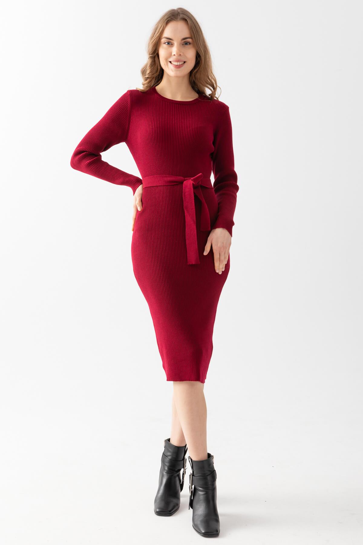 Irmak Kerekli Kadın Fitilli Triko Elbise, Kadın Elbise, Elbise, Günlük Elbise, Triko Elbise, Bordo