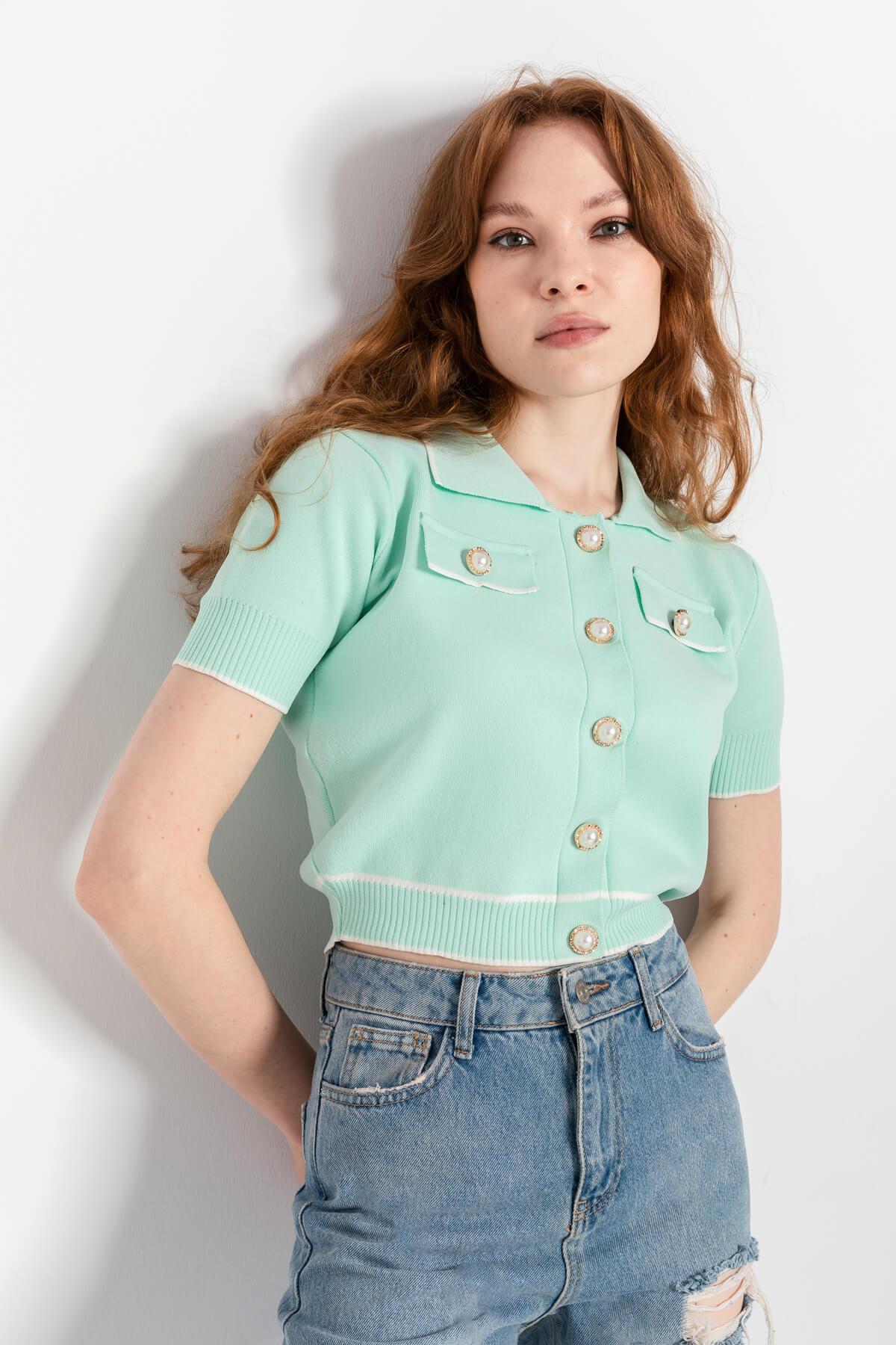 Irmak Kerekli Kadın Polo Yaka Triko Crop Hırka, Triko Hırka, Kadın Hırka, Polo Yaka Hırka, Crop Hırka, Mint Hırka