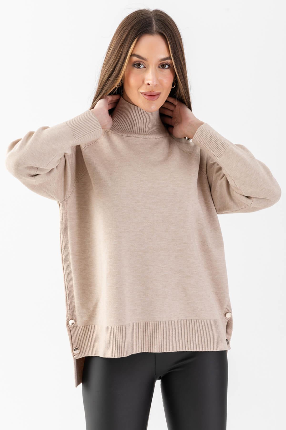 Irmak Kerekli Selanık Yırtmaçlı Old Money Kazak, Kadın Kazak, Yırtmaçlı Kazak, Triko Kadın Kazak, Bej