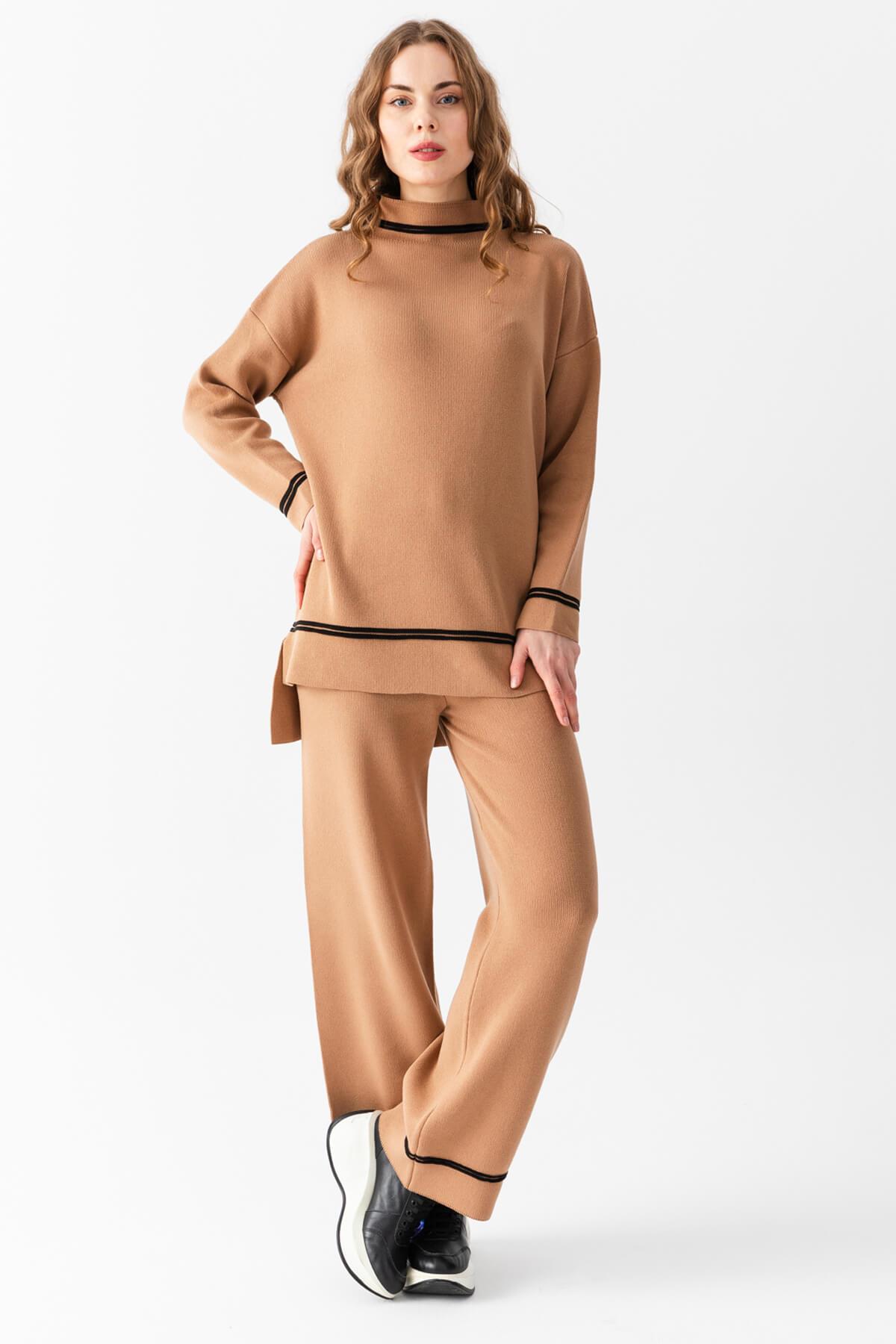 Irmak Kerekli Tunik Pantolon Alt Üst Triko Takım, Kadın Alt Üst Takım, Triko Alt Üst Takım, Camel