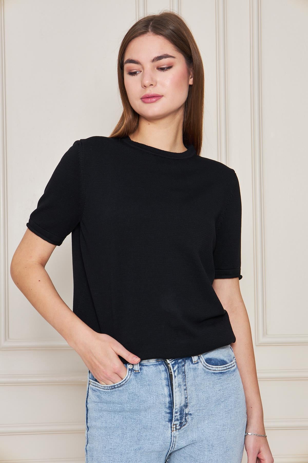 Kadın Bisiklet Yaka Kısa Kollu Triko Bluz Basic Bluz 25222