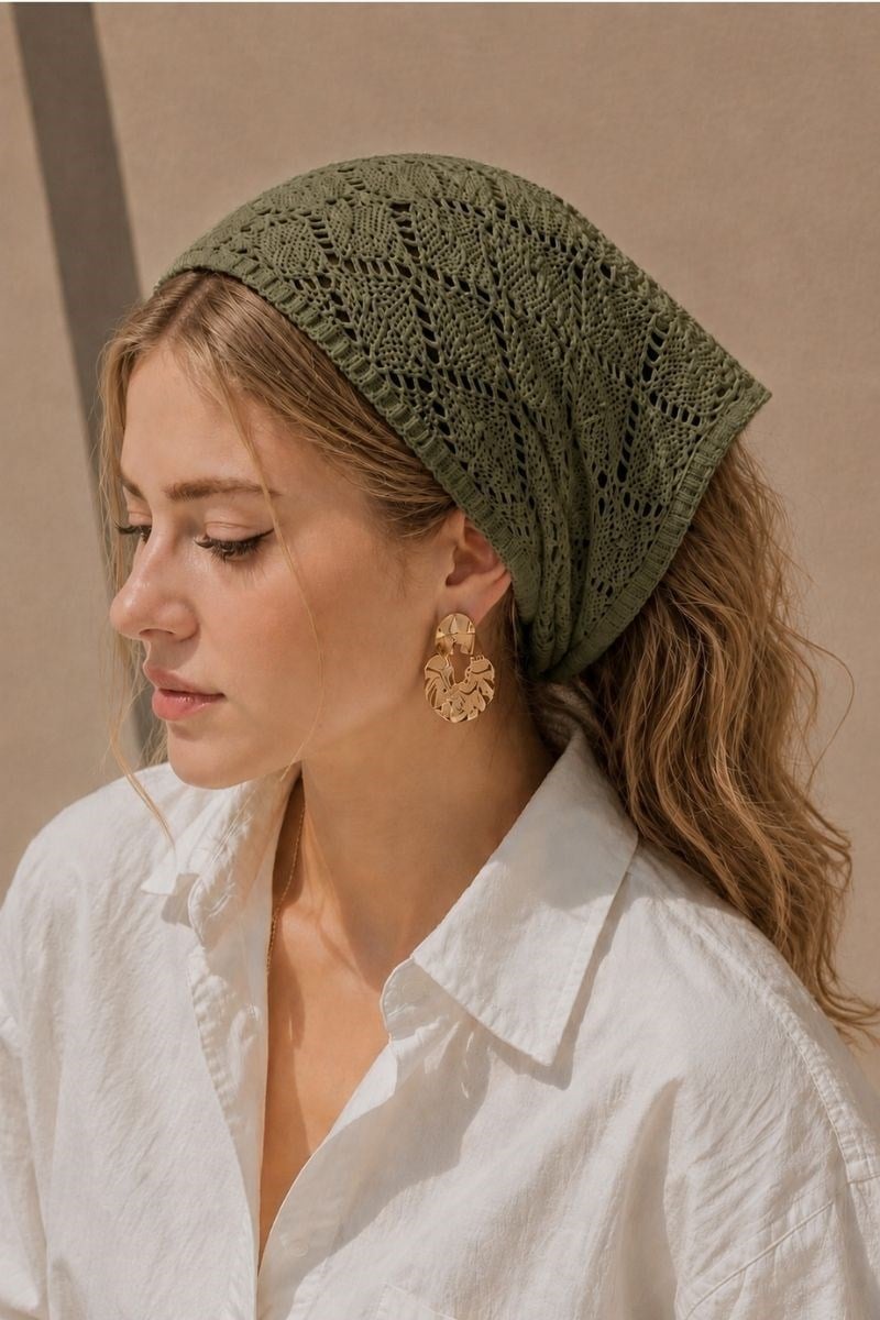 Kadın Pamuklu Yumuşak Dokulu Delikli Triko Bandana 7011 Haki