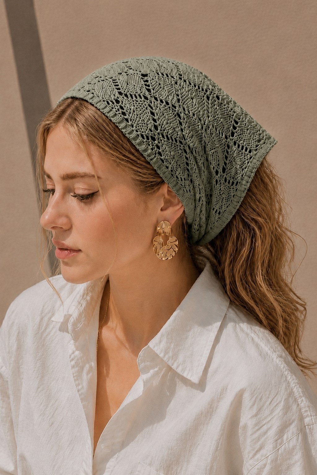 Kadın Pamuklu Yumuşak Dokulu Delikli Triko Bandana 7011 Haki
