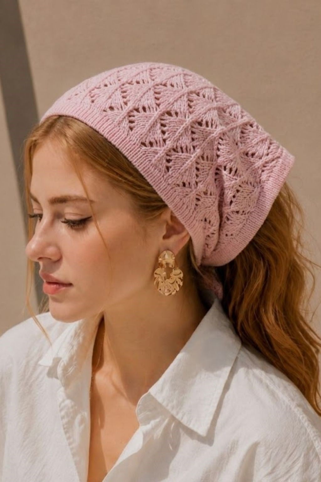 Kadın Pamuklu Yumuşak Dokulu Delikli Triko Bandana 7011 Pembe