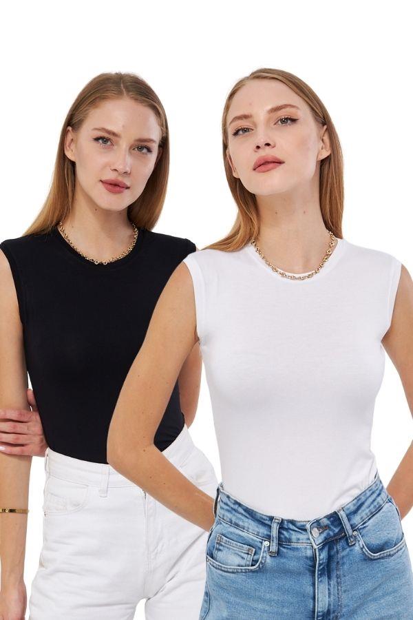 Kadın Siyah Beyaz 2 li Kolsuz Body Bisiklet Yaka 2109