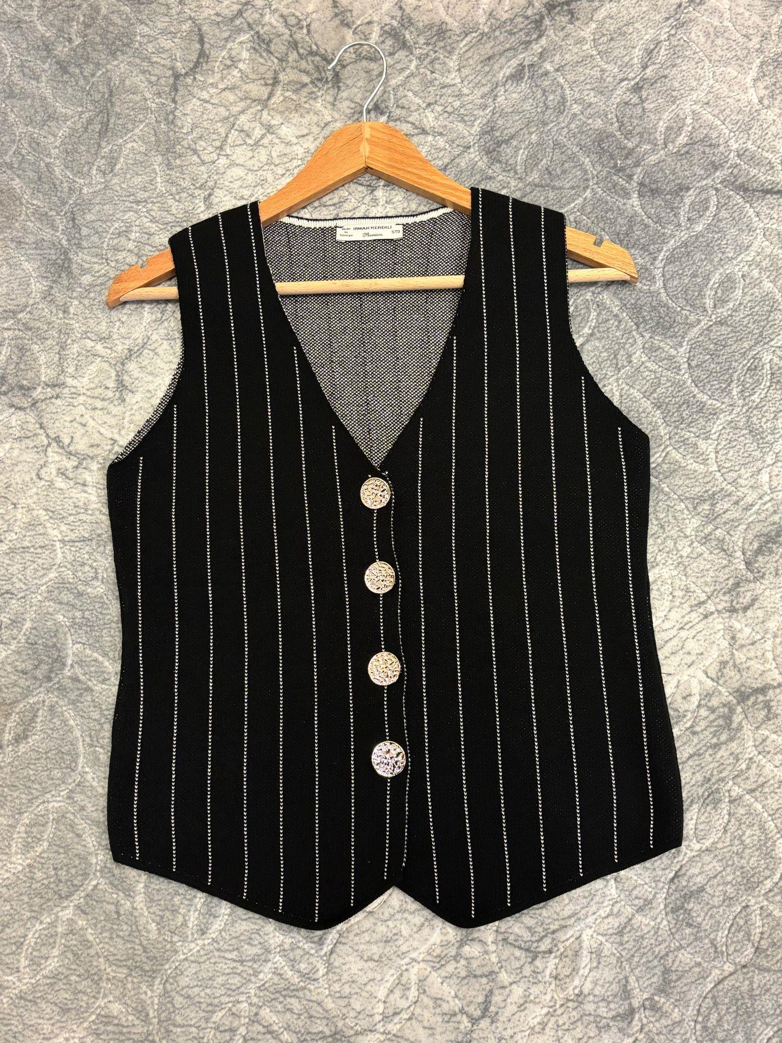 Kadın V Yaka Çizgili Düğmeli Triko Yelek Kadın Yelek 24Y1010