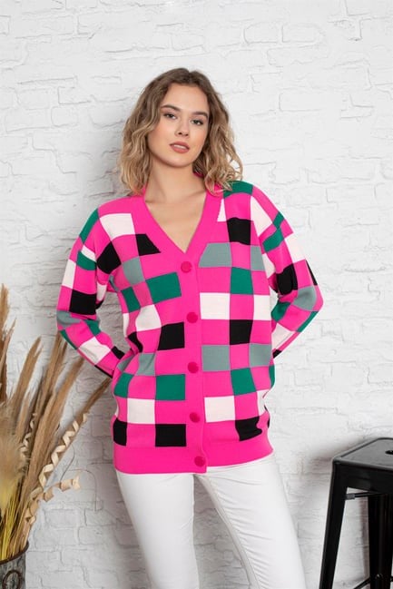 Kare Desenli Oversize Triko Hırka 1905 Fuşya