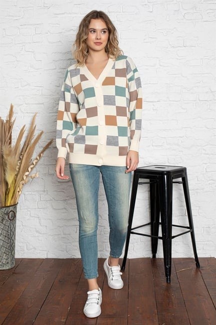 Kare Desenli Oversize Triko Hırka 1905 Krem