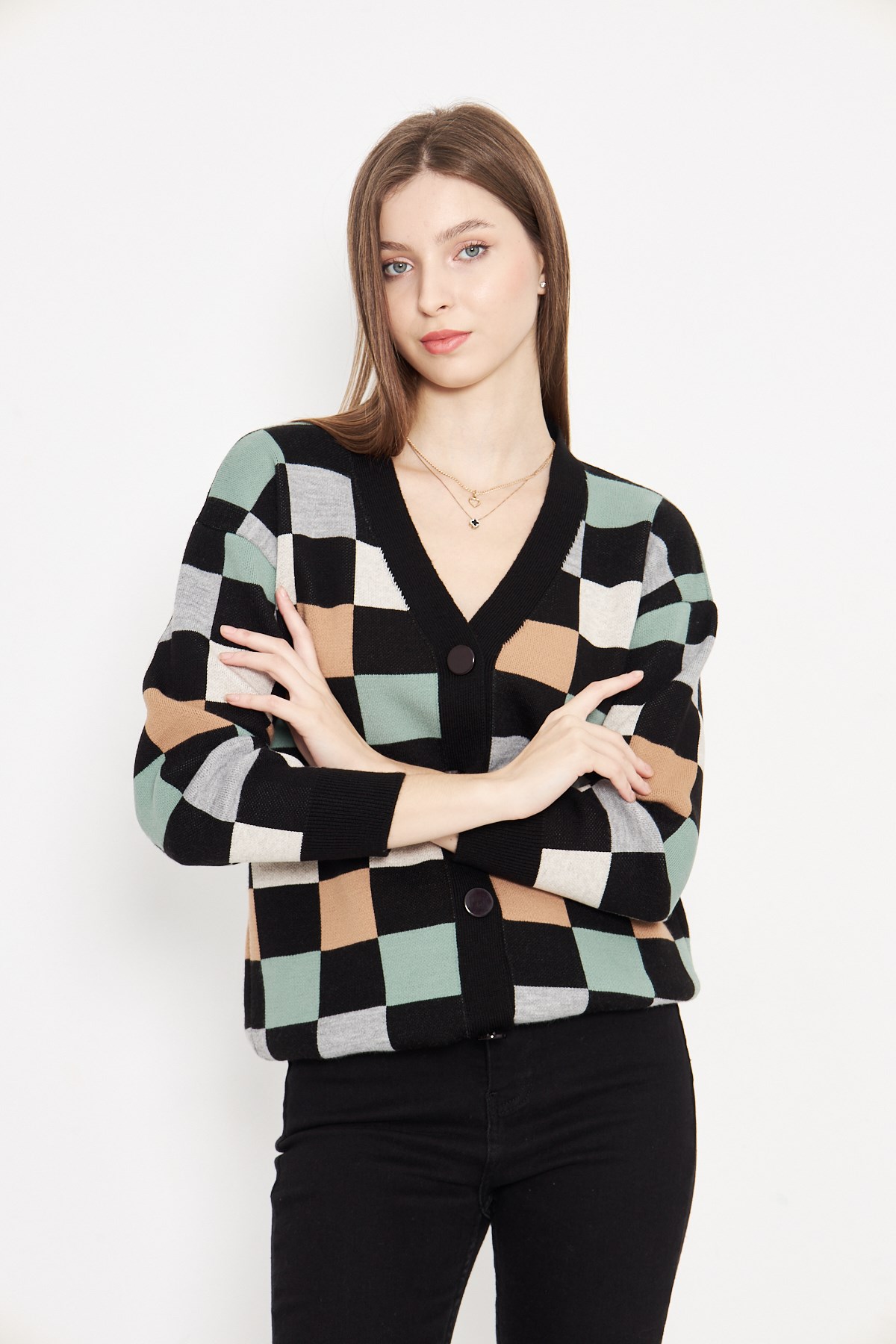 Kare Desenli Oversize Triko Hırka 1905 Siyah Gri