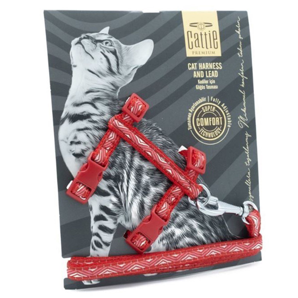 CATTİE DESENLİ KEDİ GÖĞÜS & GEZDİRME TAKIMI KIRMIZI 1X25-40CM8680782130120